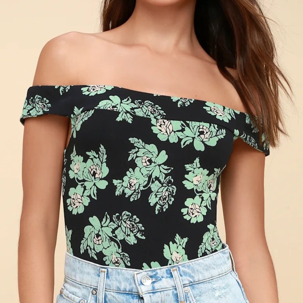 Free People So Much Bodysuit Off-the-Shoulder Cut-Out Women Medium Black Floral